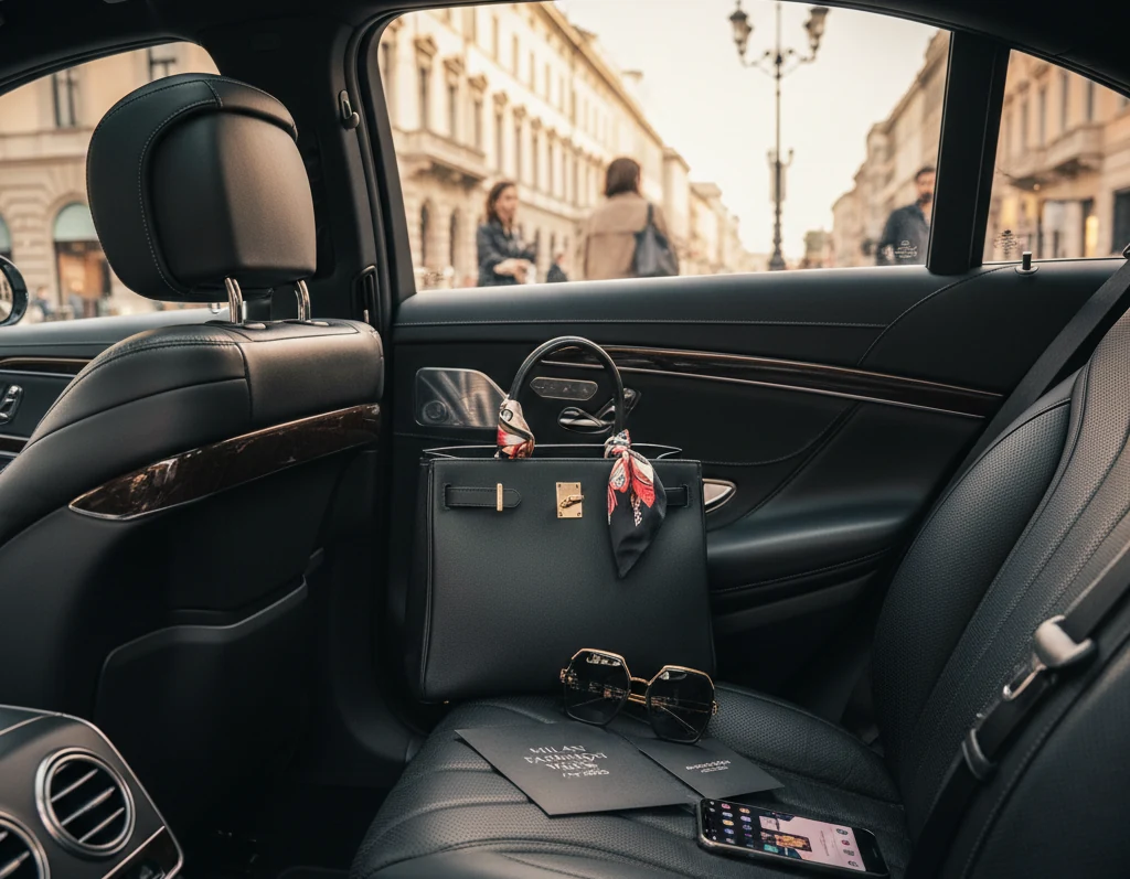 Mercedes S-Class davanti a showroom Fashion Week Milano